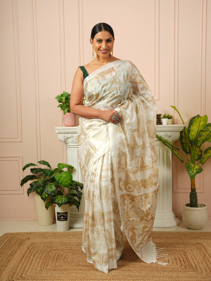Amrita - Nandi Gold Printed Off White Silk Cotton Saree | SHOBITAM