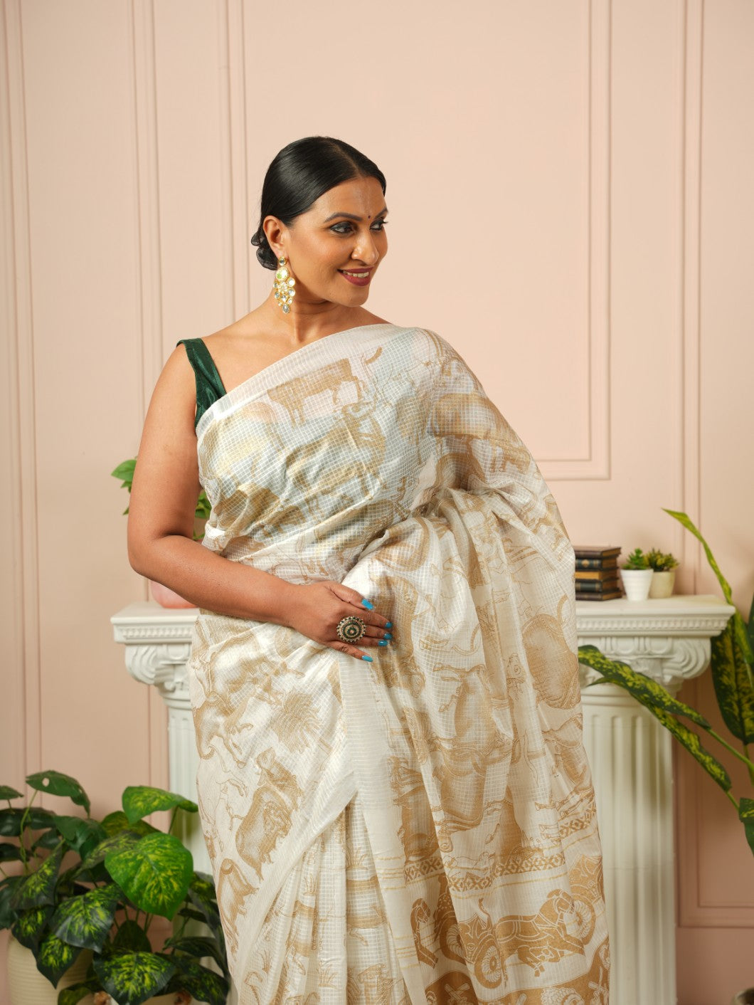 Amrita - Nandi Gold Printed Off White Silk Cotton Saree | SHOBITAM