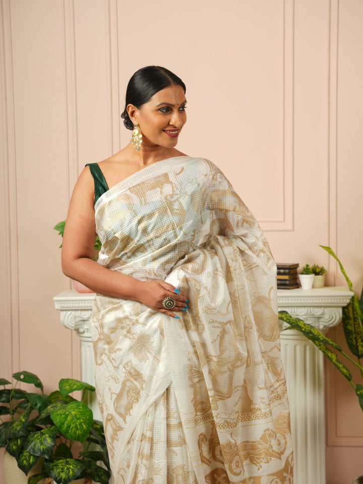 Amrita - Nandi Gold Printed Off White Silk Cotton Saree | SHOBITAM