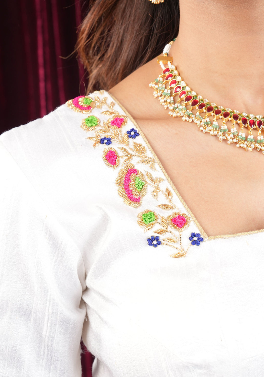 Off White Pure Raw Silk Blouse with multicolor Resham Hand Embroidery