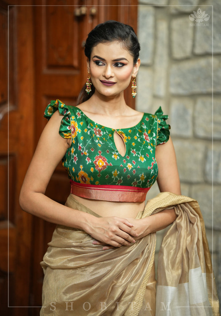 Ikkat Patola Design Pure Silk Blouse with frill detailing, keyhole back in Emerald Green and Red