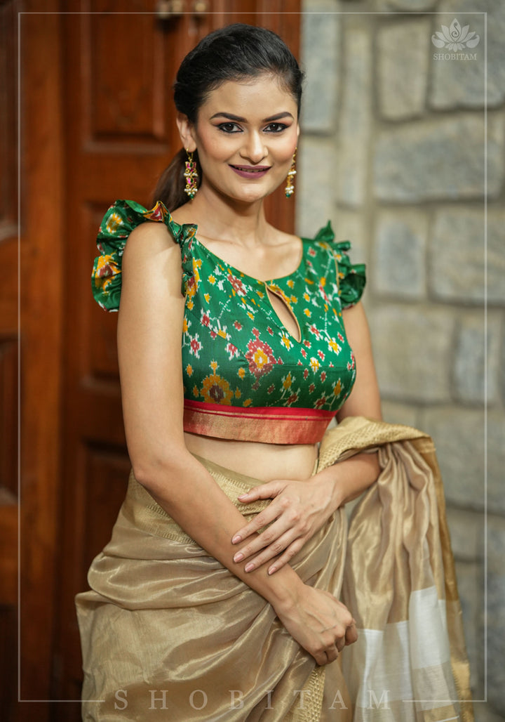 Ikkat Patola Design Pure Silk Blouse with frill detailing, keyhole back in Emerald Green and Red