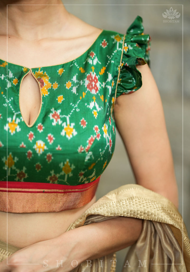 Ikkat Patola Design Pure Silk Blouse with frill detailing, keyhole back in Emerald Green and Red