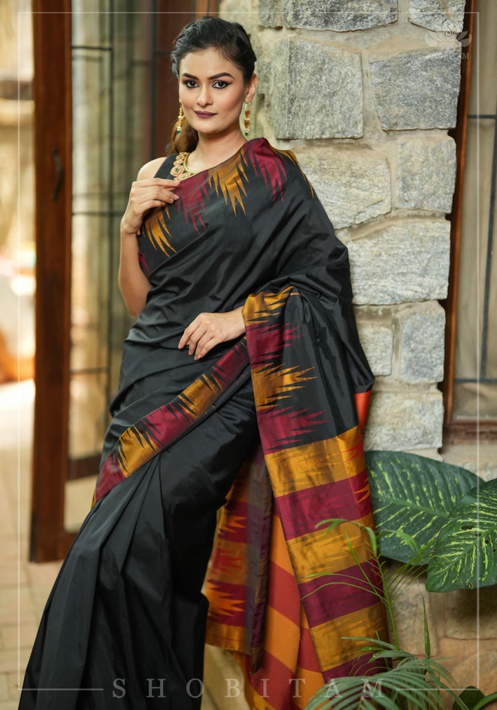 Two tone, Two side Temple Border on black Art Silk Saree