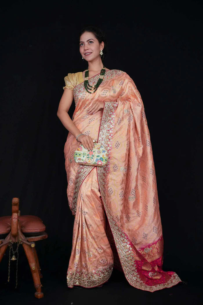Peach Glow, Rani Palla — Bandhej Weave Semi Modal Silk Saree with Heavy Gota Patti Border - Ready to wear saree