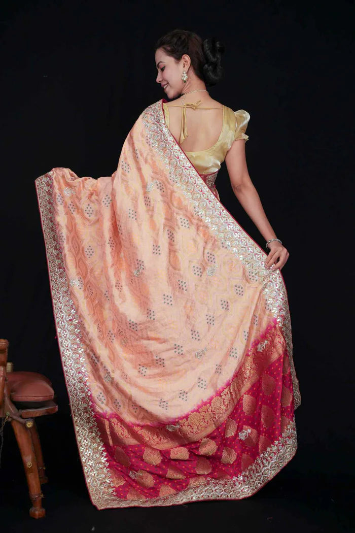 Peach Glow, Rani Palla — Bandhej Weave Semi Modal Silk Saree with Heavy Gota Patti Border - Ready to wear saree