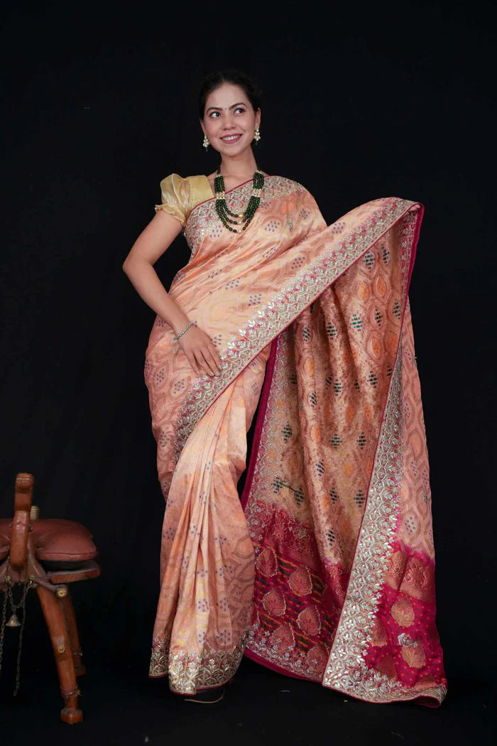 Peach Glow, Rani Palla — Bandhej Weave Semi Modal Silk Saree with Heavy Gota Patti Border - Ready to wear saree