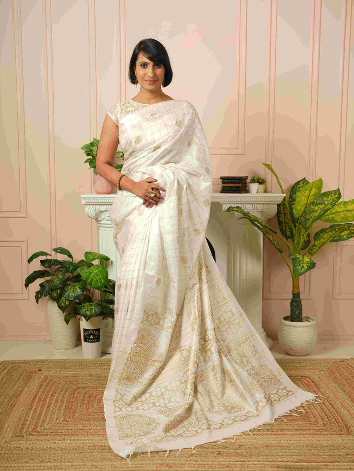 Iraavati- Elephant Printed White Silk Cotton Saree | SHOBITAM