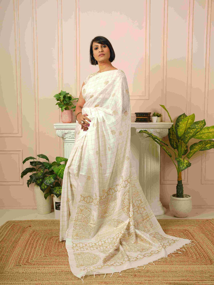 Iraavati- Elephant Printed White Silk Cotton Saree | SHOBITAM