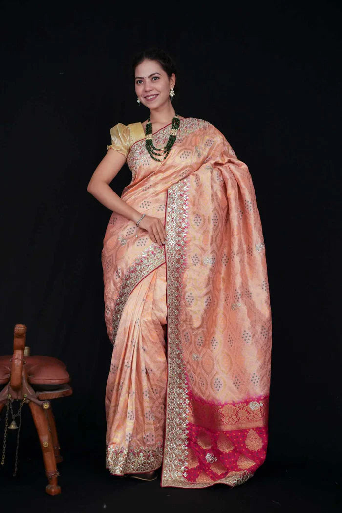 Peach Glow, Rani Palla — Bandhej Weave Semi Modal Silk Saree with Heavy Gota Patti Border - Ready to wear saree