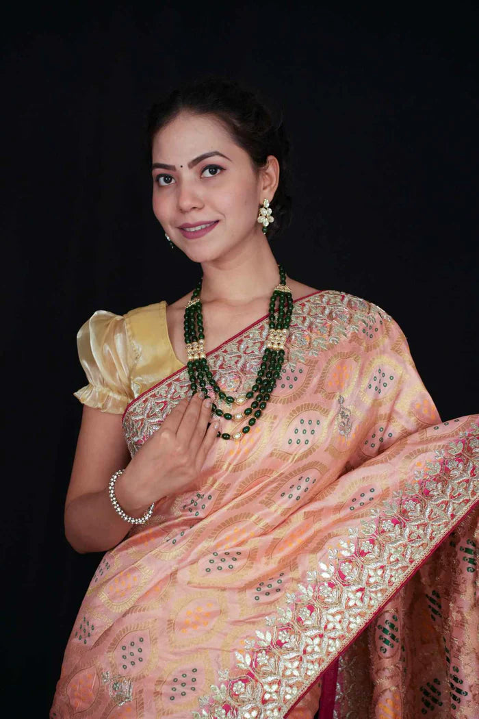 Peach Glow, Rani Palla — Bandhej Weave Semi Modal Silk Saree with Heavy Gota Patti Border - Ready to wear saree