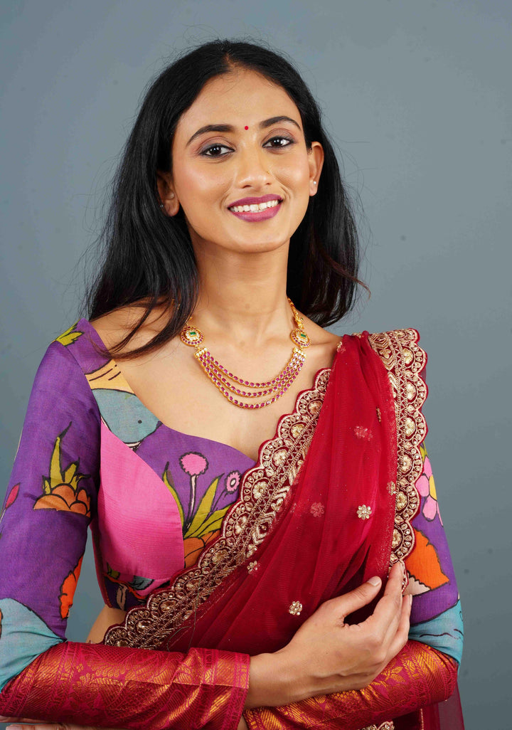Purple and PInk Pure Pen Kalamkari with Wide Zari Border Full Sleeve Blouse on Chennuri Silk with below the elbow sleeves, Customizable, Made to Order