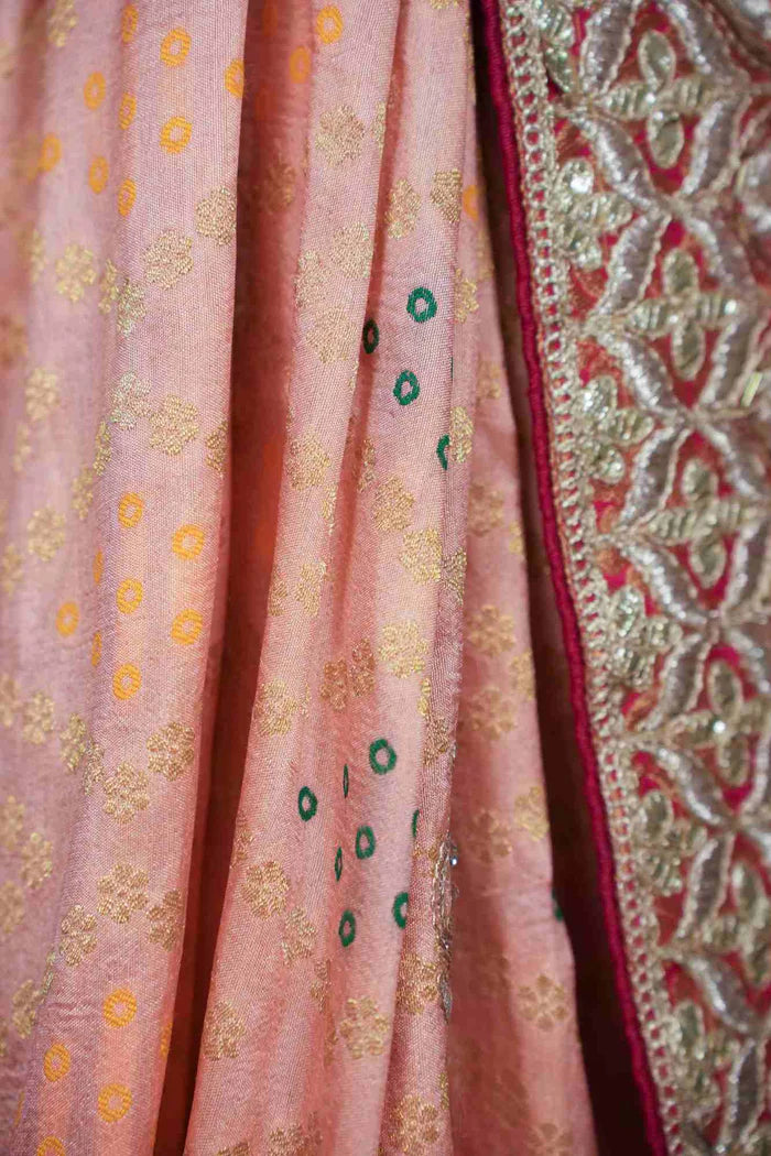 Peach Glow, Rani Palla — Bandhej Weave Semi Modal Silk Saree with Heavy Gota Patti Border - Ready to wear saree