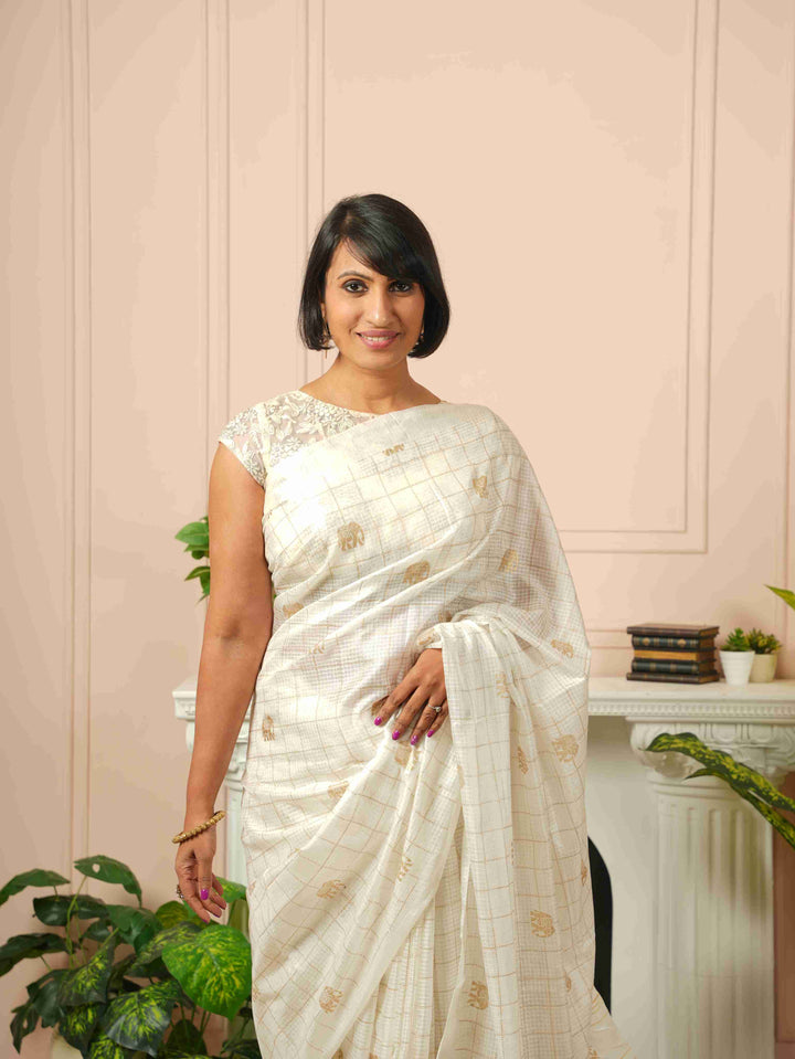 Iraavati- Elephant Printed White Silk Cotton Saree | SHOBITAM