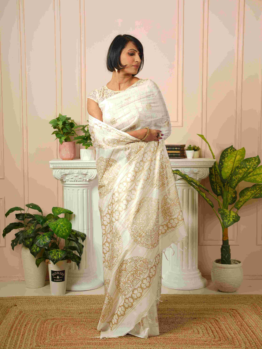Iraavati- Elephant Printed White Silk Cotton Saree | SHOBITAM