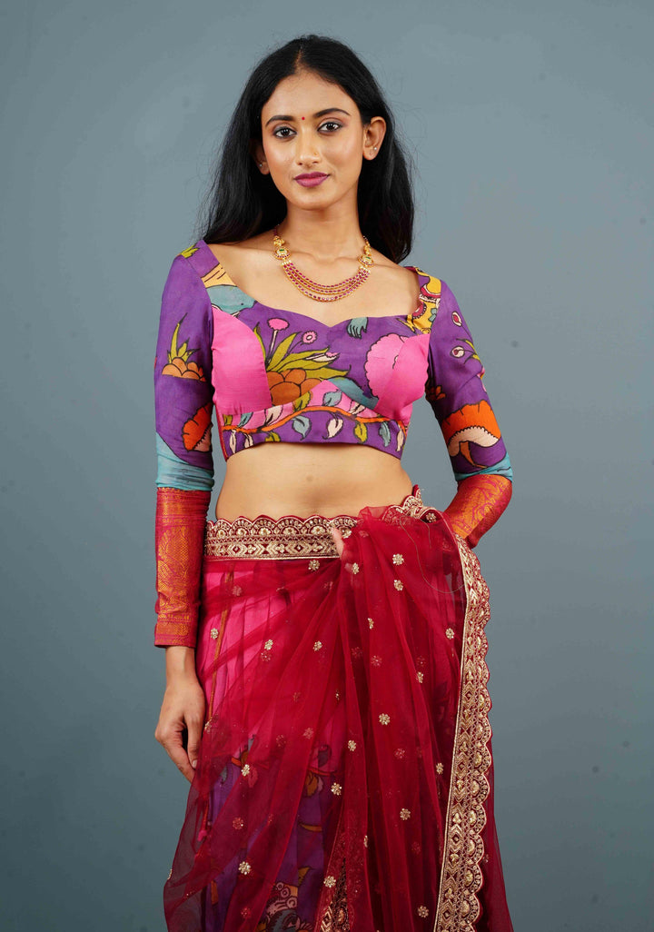 Purple and PInk Pure Pen Kalamkari with Wide Zari Border Full Sleeve Blouse on Chennuri Silk with below the elbow sleeves, Customizable, Made to Order