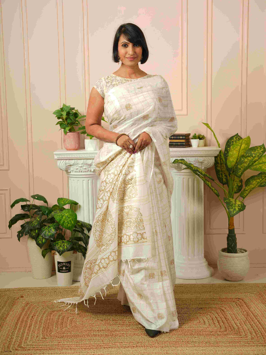 Iraavati- Elephant Printed White Silk Cotton Saree | SHOBITAM