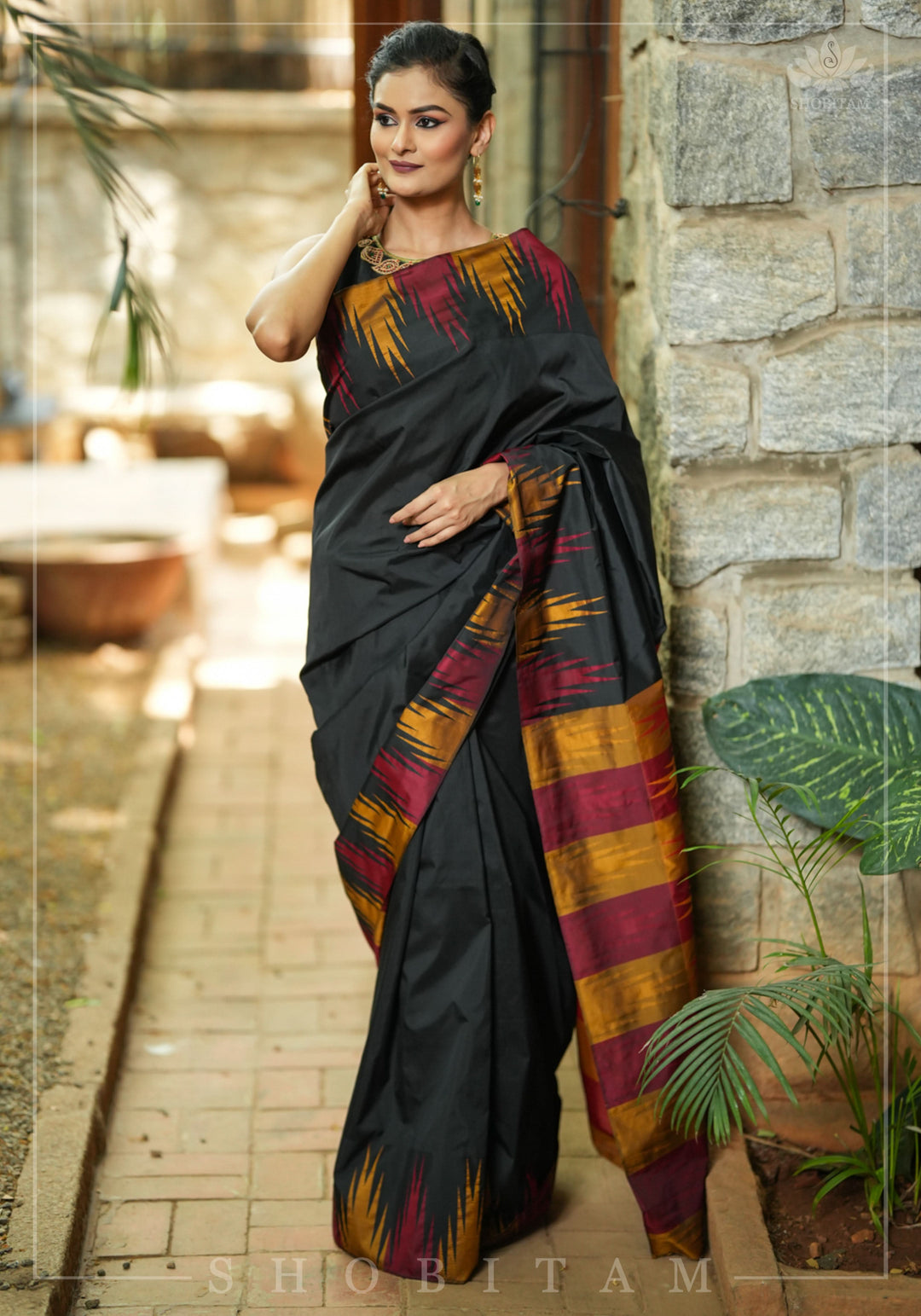Two tone, Two side Temple Border on black Art Silk Saree