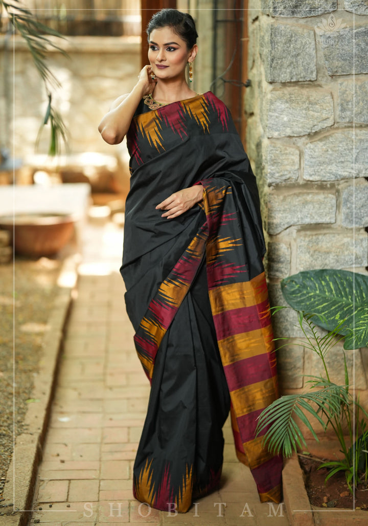 Two tone, Two side Temple Border on black Art Silk Saree