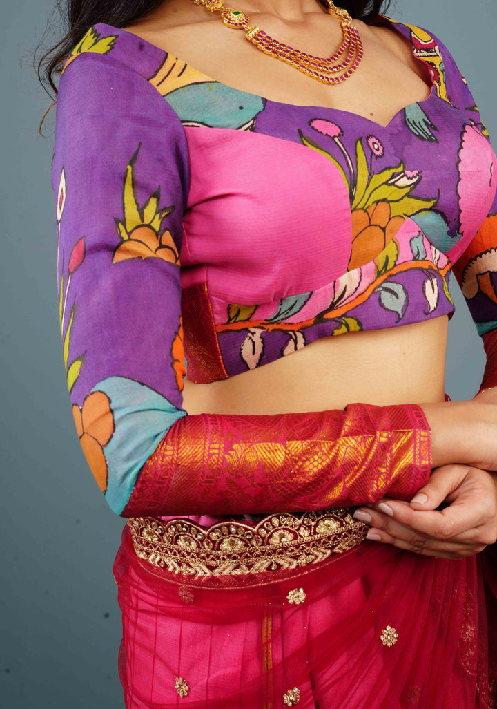 Purple and PInk Pure Pen Kalamkari with Wide Zari Border Full Sleeve Blouse on Chennuri Silk with below the elbow sleeves, Customizable, Made to Order