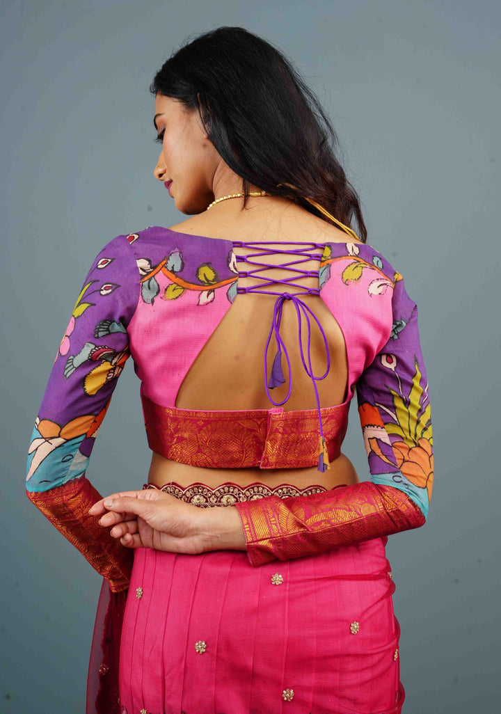 Purple and PInk Pure Pen Kalamkari with Wide Zari Border Full Sleeve Blouse on Chennuri Silk with below the elbow sleeves, Customizable, Made to Order