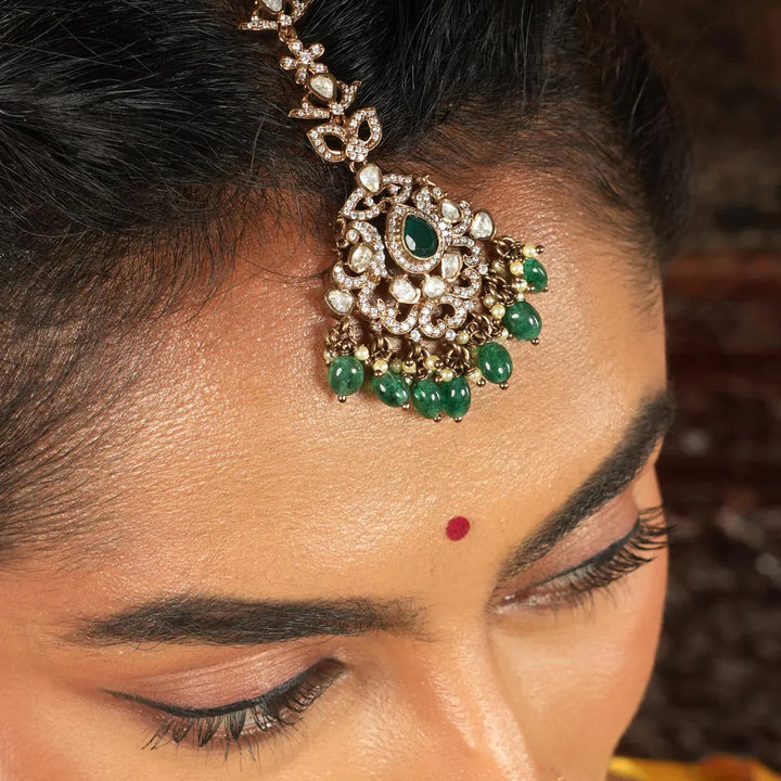 92.5 Silver, Victorian Maangtikka studded with Gem Stones and Pearl Beads
