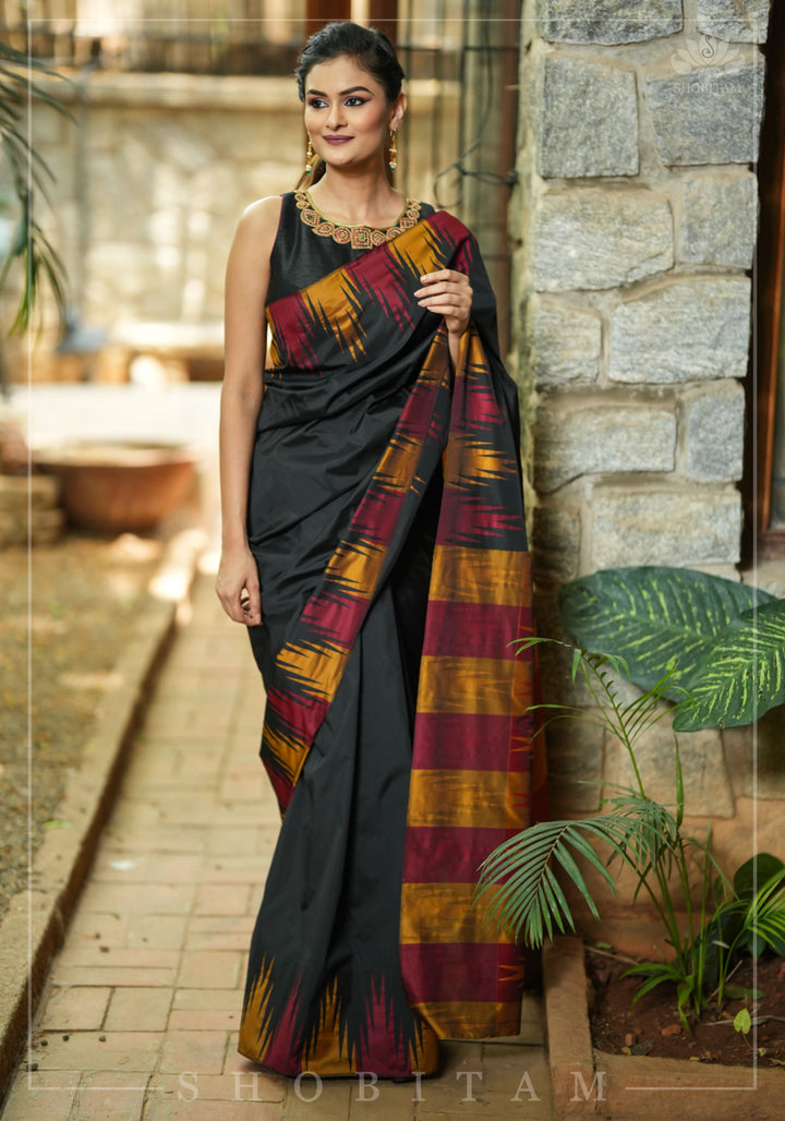 Two tone, Two side Temple Border on black Art Silk Saree