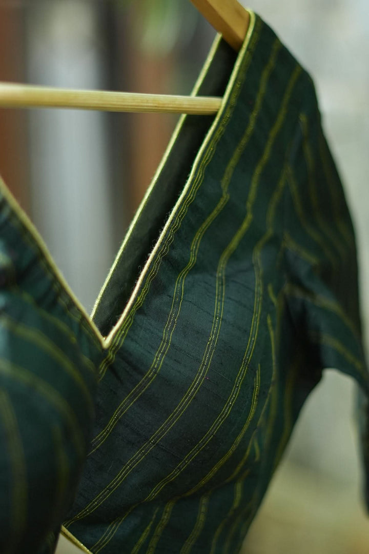 Bottle green Stripes Pure rawsilk V neck blouse