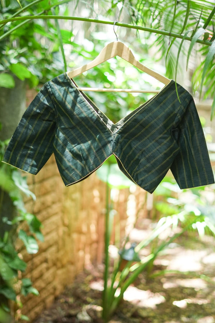 Bottle green Stripes Pure rawsilk V neck blouse