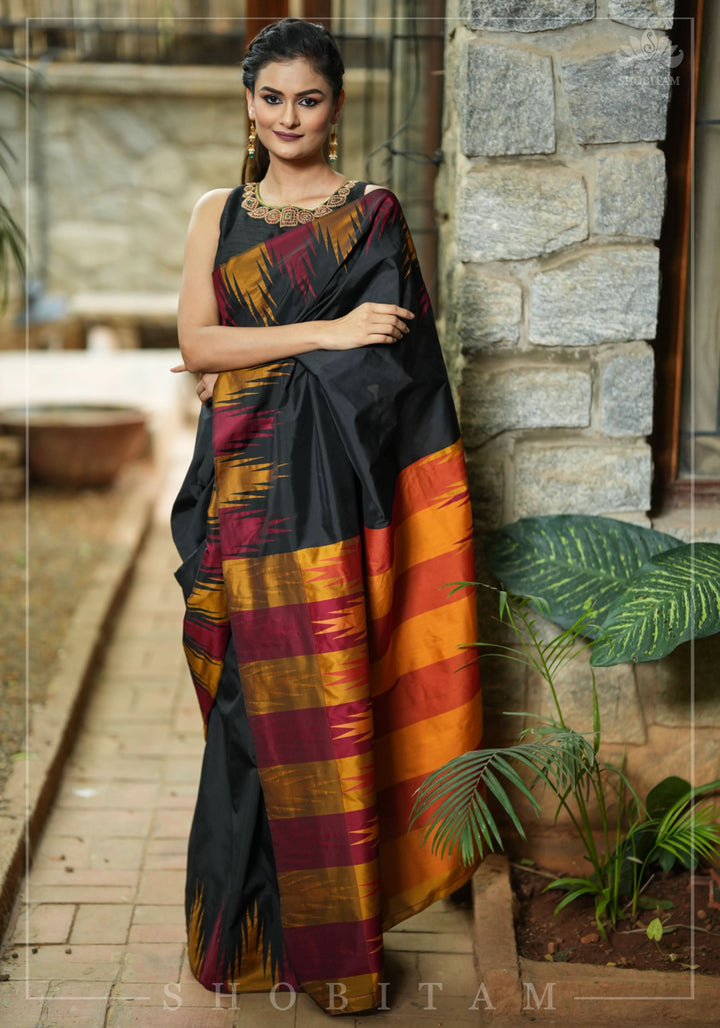 Two tone, Two side Temple Border on black Art Silk Saree