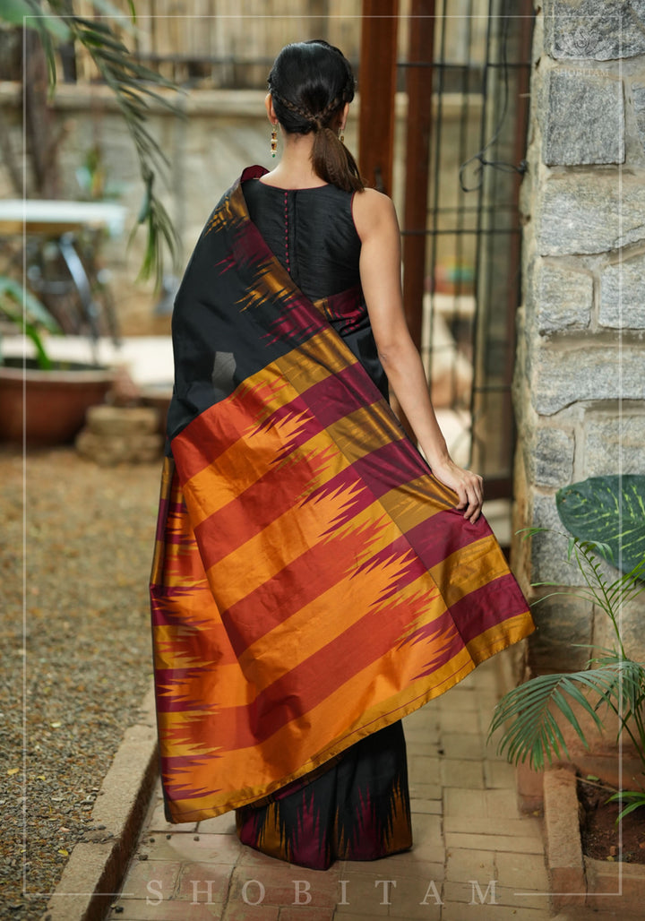Two tone, Two side Temple Border on black Art Silk Saree