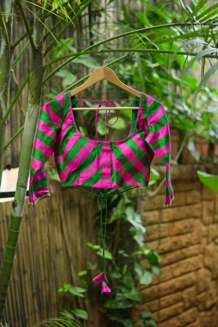 Emerald pink checked pure raw silk U neck blouse