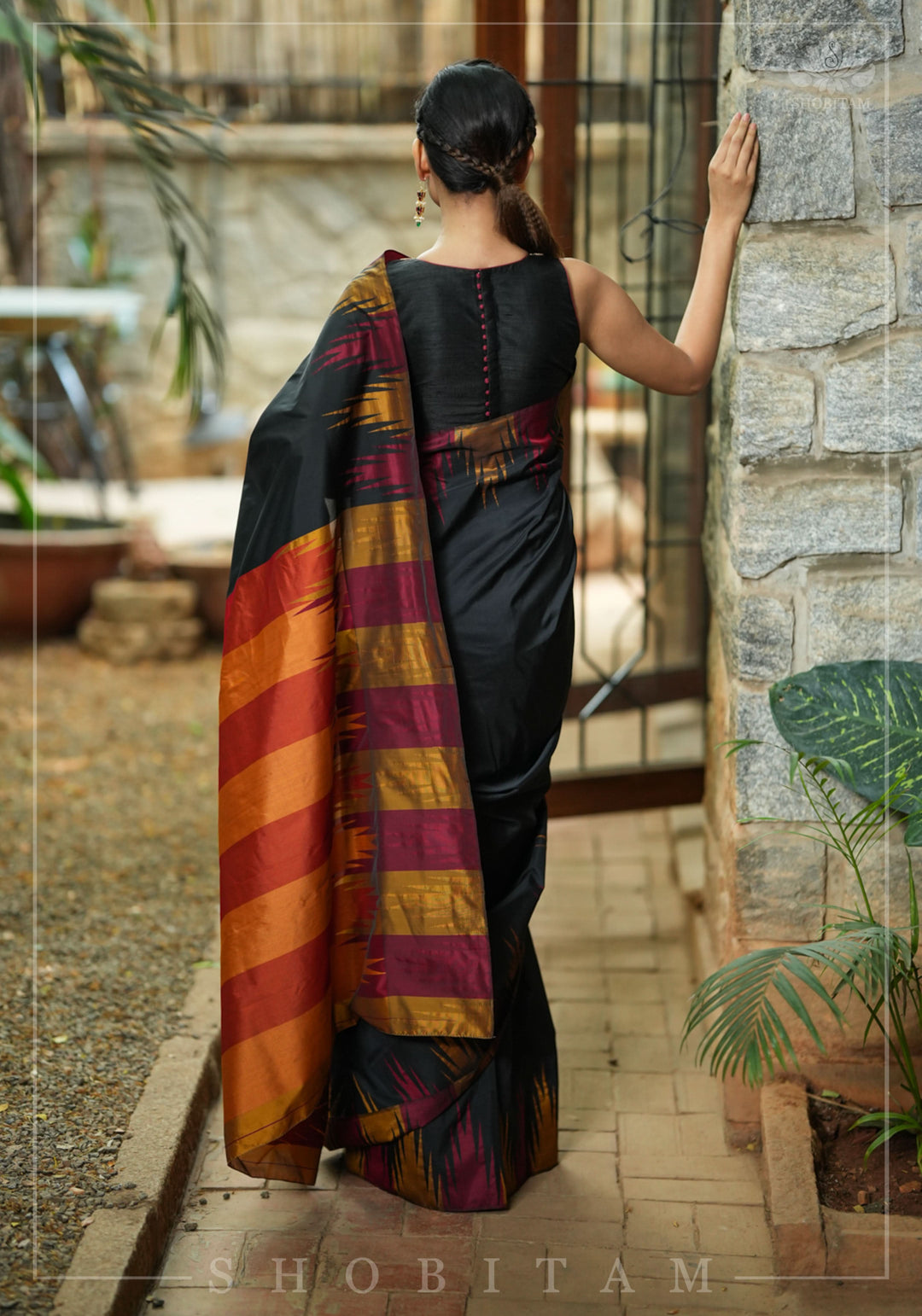 Two tone, Two side Temple Border on black Art Silk Saree