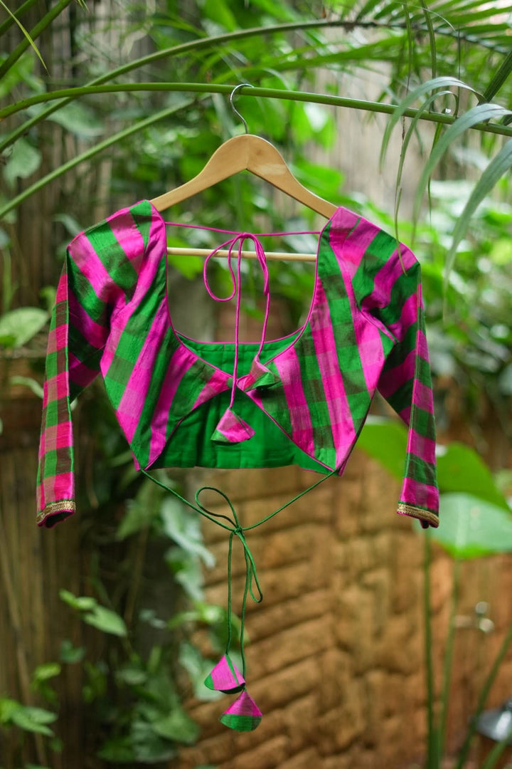 Emerald pink checked pure raw silk U neck blouse