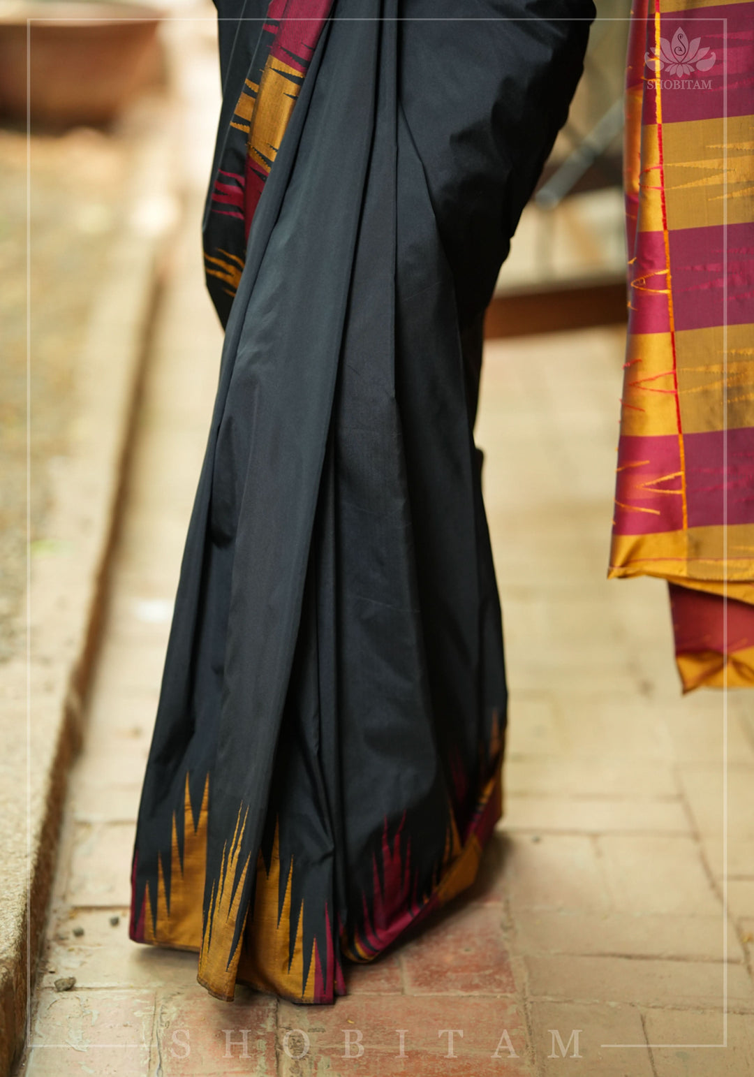 Two tone, Two side Temple Border on black Art Silk Saree