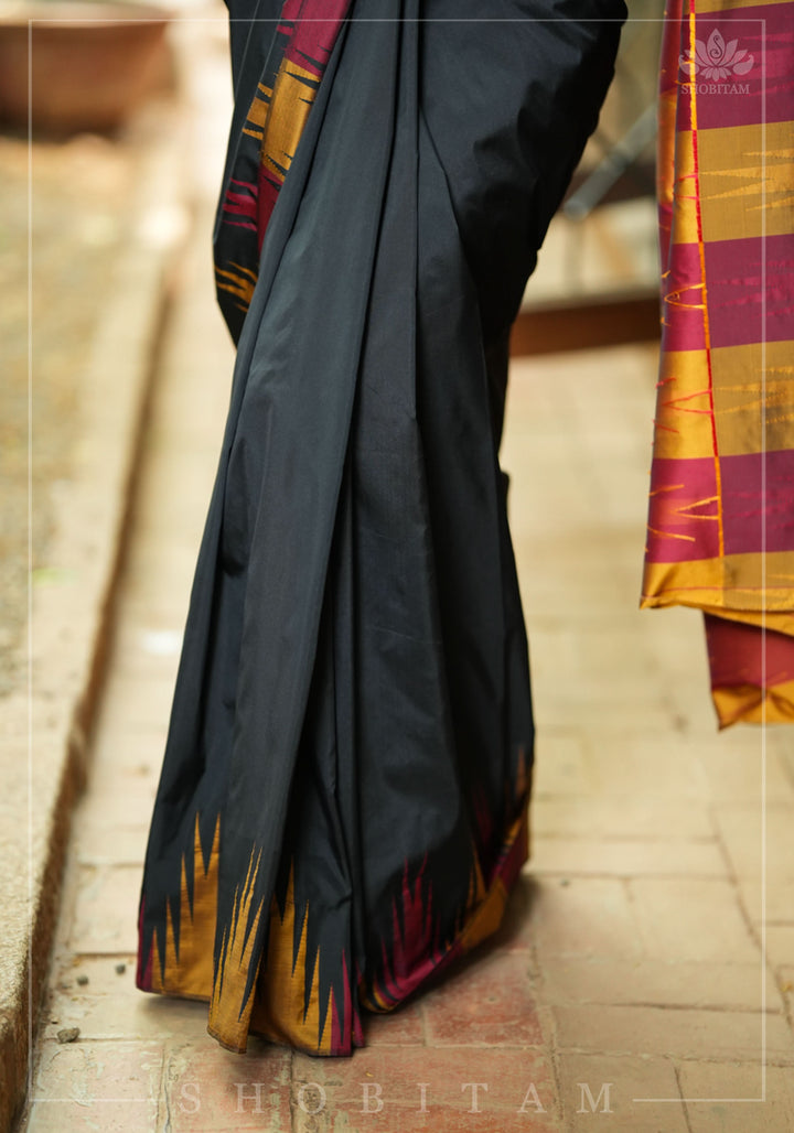 Two tone, Two side Temple Border on black Art Silk Saree