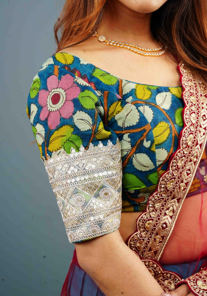 Blue Authentic Pen Kalamkari Scoop Neck Blouse with wide Lace Border on sleeves, Customizable, Made to Order