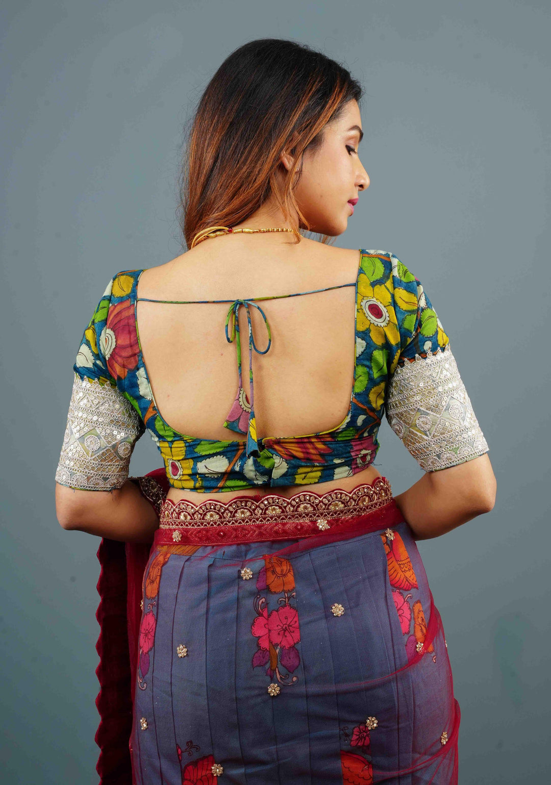 Blue Authentic Pen Kalamkari Scoop Neck Blouse with wide Lace Border on sleeves, Customizable, Made to Order