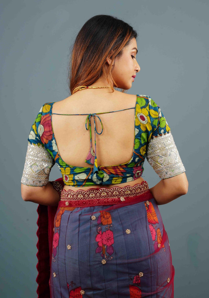 Blue Authentic Pen Kalamkari Scoop Neck Blouse with wide Lace Border on sleeves, Customizable, Made to Order