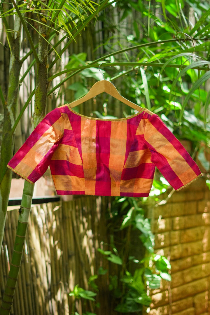 Orange reddish pink checked pure rawsilk boatneck blouse