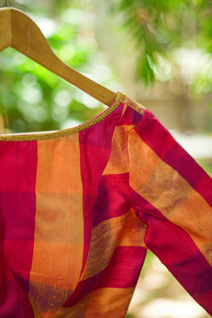 Orange reddish pink checked pure rawsilk boatneck blouse