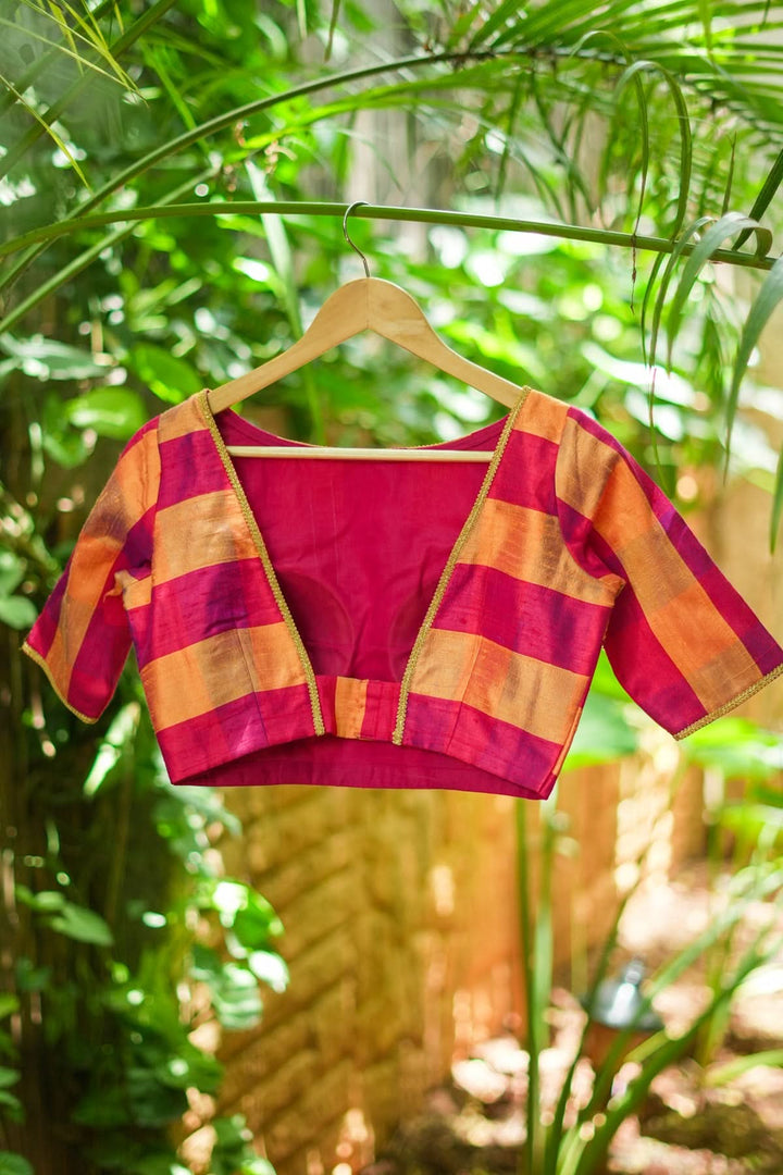 Orange reddish pink checked pure rawsilk boatneck blouse