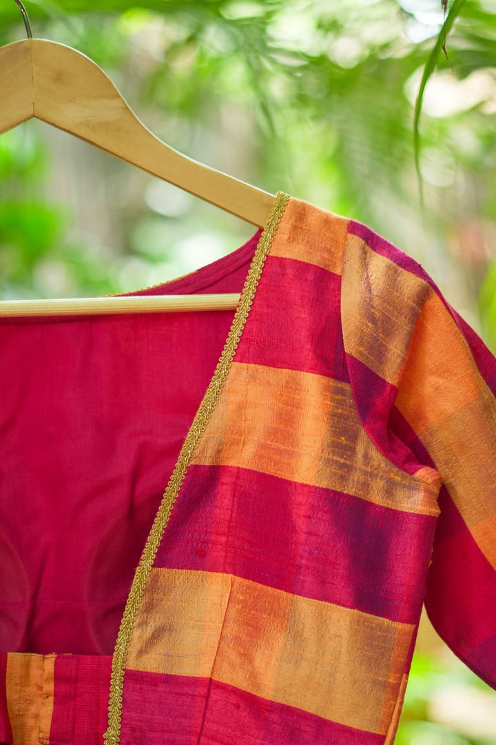 Orange reddish pink checked pure rawsilk boatneck blouse