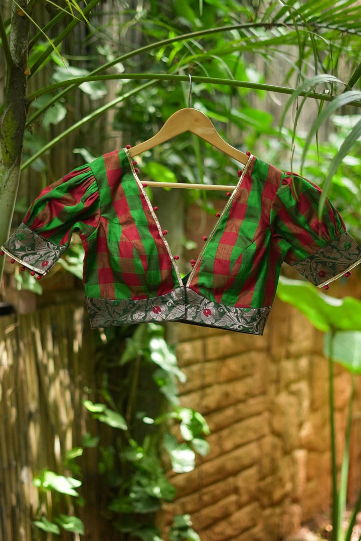 Green red checked pure rawsilk Deep v neck blouse & brocade border