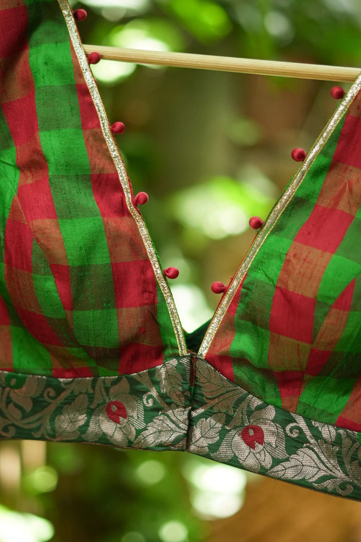 Green red checked pure rawsilk Deep v neck blouse & brocade border