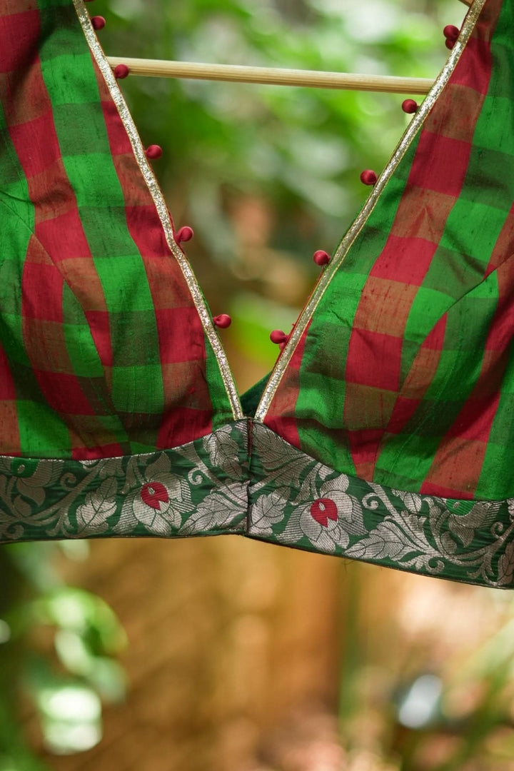 Green red checked pure rawsilk Deep v neck blouse & brocade border