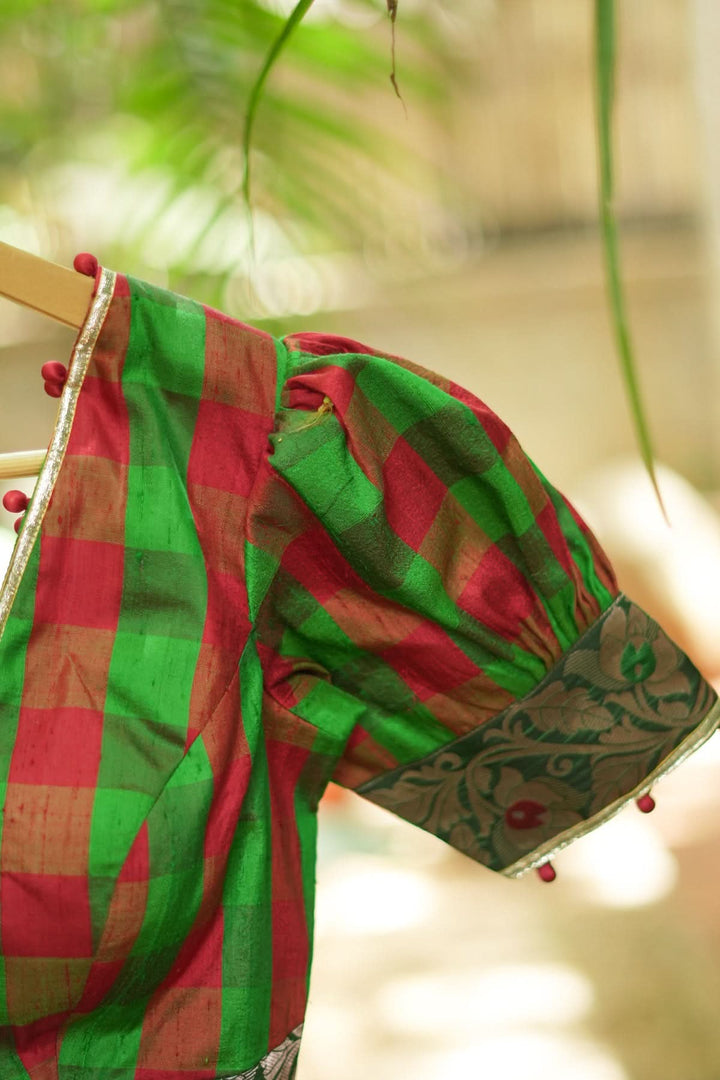 Green red checked pure rawsilk Deep v neck blouse & brocade border