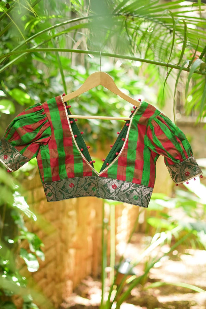 Green red checked pure rawsilk Deep v neck blouse & brocade border