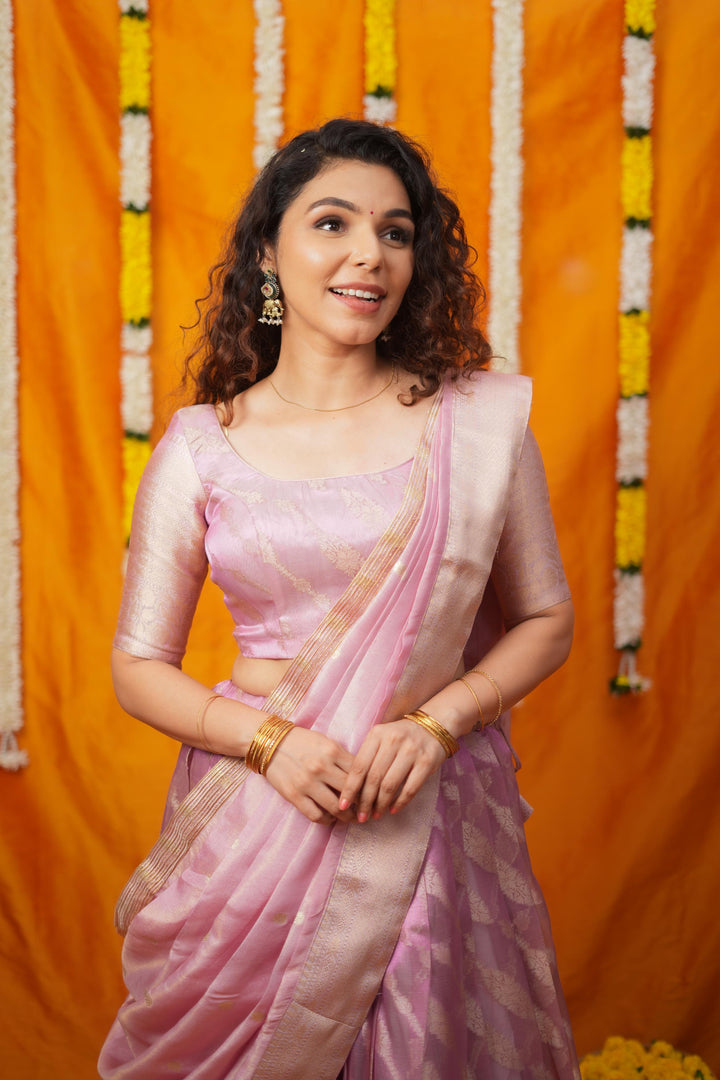 Aalaya Pink Banarasi Half Saree Set | Made To Order