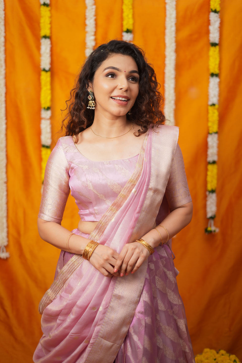Aalaya Pink Banarasi Organza Half Saree Set | SHOBITAM